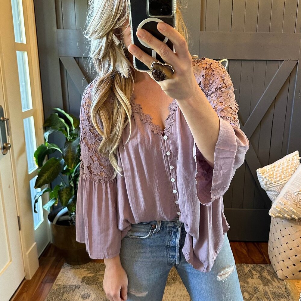 Cotton Blouse 3/4 Sleeve Button Front Floral Purple Top